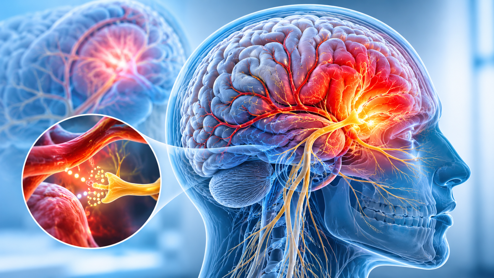 Medical illustration showing migraine-related brain pain and nerve activity