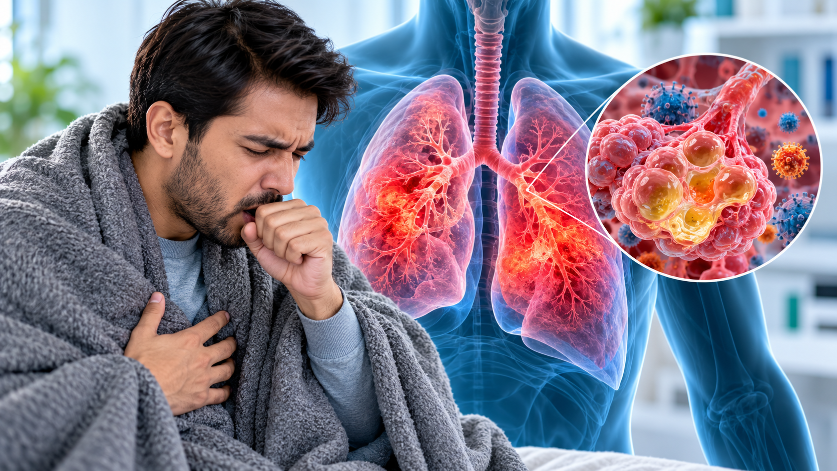 Man with pneumonia symptoms showing inflamed lungs and infected air sacs