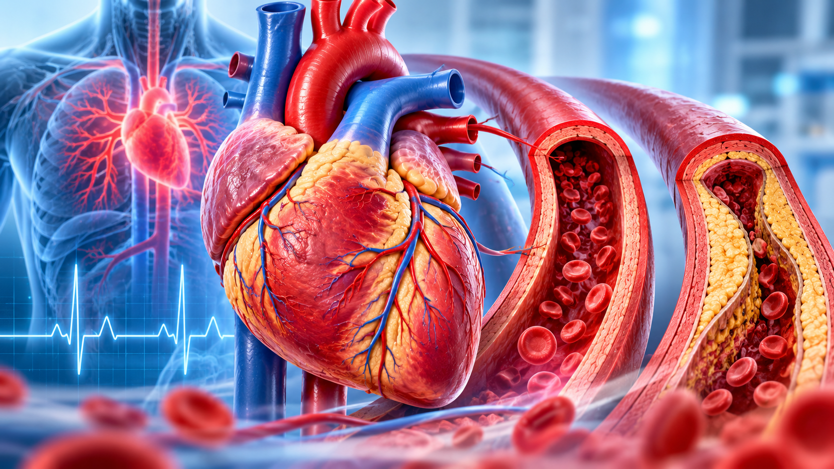 Medical illustration showing the heart and coronary artery narrowing caused by plaque buildup