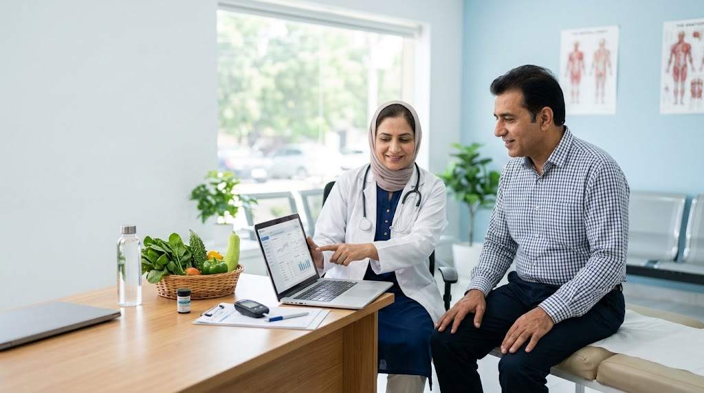 Doctor discussing type 2 diabetes and blood glucose management with a patient