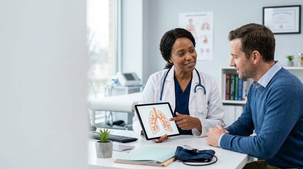 Doctor discussing asthma symptoms and breathing problems with a patient
